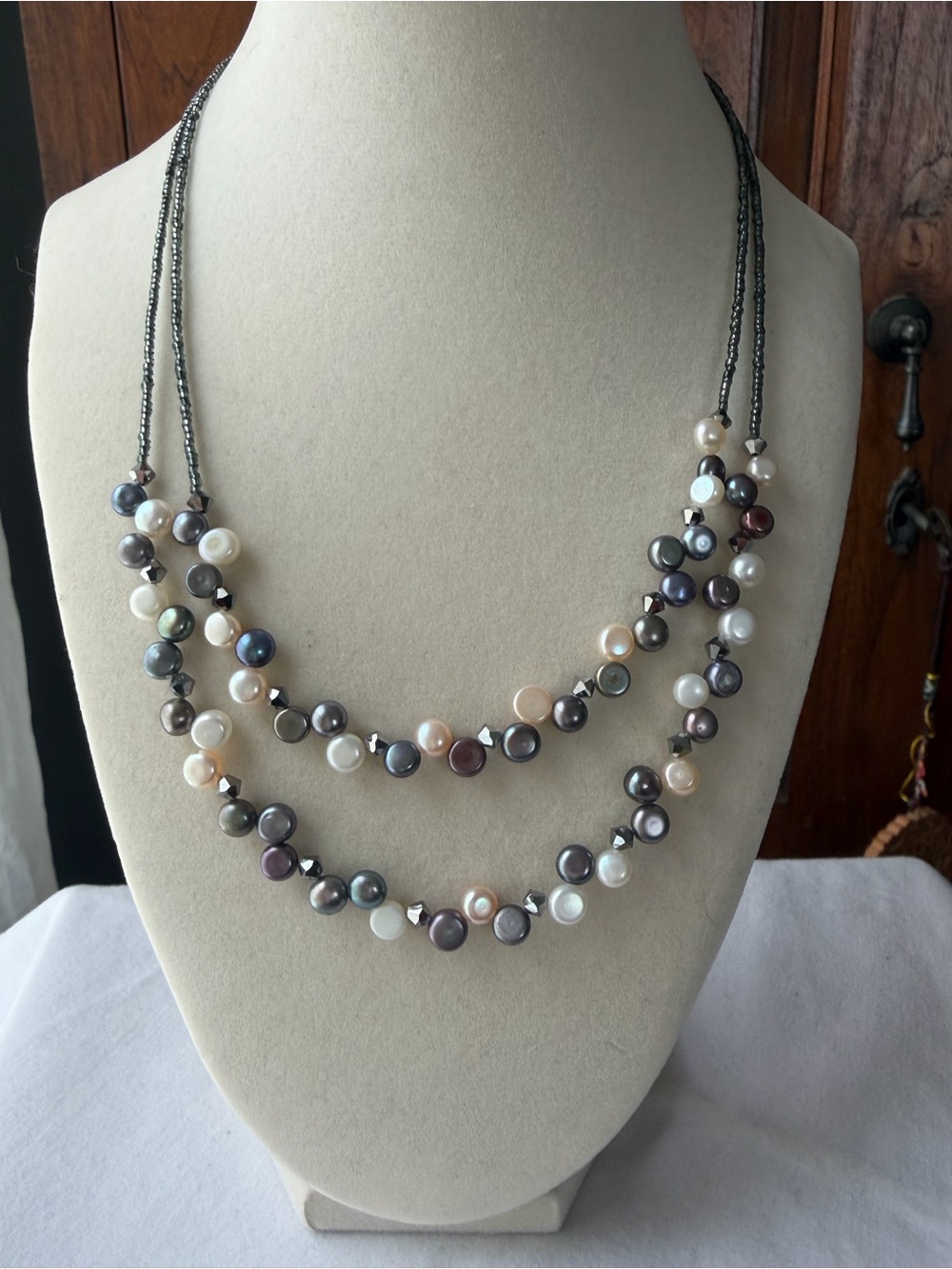 Lia Sophia Double Strand Faux Pearl Necklace Gray White Pink Gunmetal
